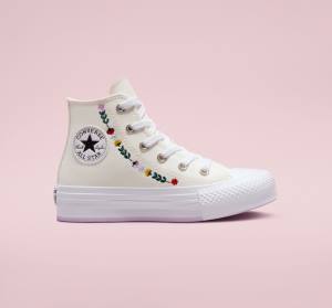 Tenis Altos Converse Chuck Taylor All Star Lift Plataforma Floral Embroidery Bota Blancos Blancos | CV-804UFH