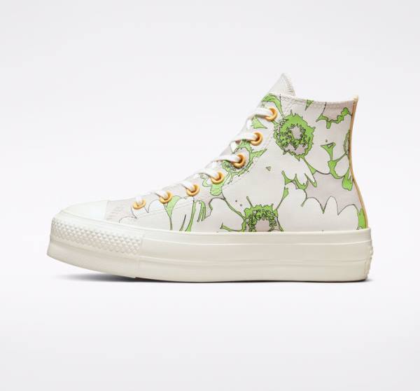 Tenis Altos Converse Chuck Taylor All Star Lift Plataforma Crafted Florals Bota Marrom Verdes Claro | CV-109SEZ