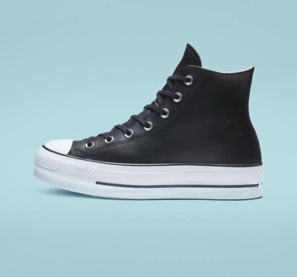 Tenis Altos Converse Chuck Taylor All Star Plataforma Clean Cuero Bota Negros Blancos | CV-347MUN