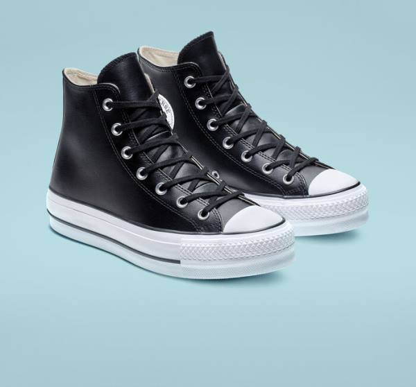 Tenis Altos Converse Chuck Taylor All Star Plataforma Clean Cuero Bota Negros Blancos | CV-347MUN