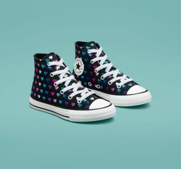 Tenis Altos Converse Chuck Taylor All Star Foil Hearts Bota Negros Blancos Rosas | CV-528VJB