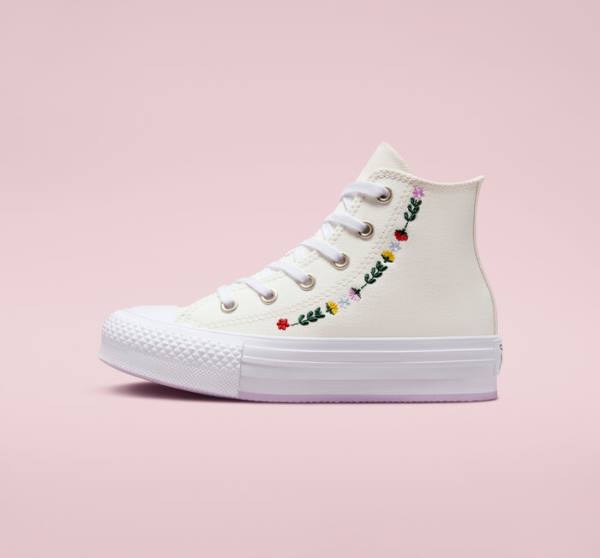 Tenis Altos Converse Chuck Taylor All Star Lift Plataforma Floral Embroidery Bota Blancos Blancos | CV-804UFH