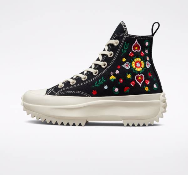 Tenis Altos Converse Run Star Hike Plataforma Floral Embroidery Bota Negros | CV-029JHP