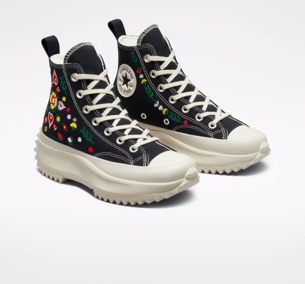 Tenis Altos Converse Run Star Hike Plataforma Floral Embroidery Bota Negros | CV-029JHP