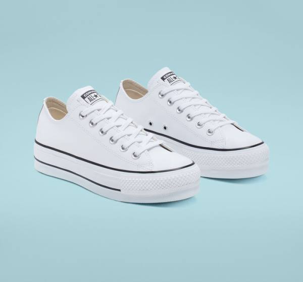 Tenis Bajos Converse Chuck Taylor All Star Lift Plataforma Cuero Blancos Negros Blancos | CV-043GYS