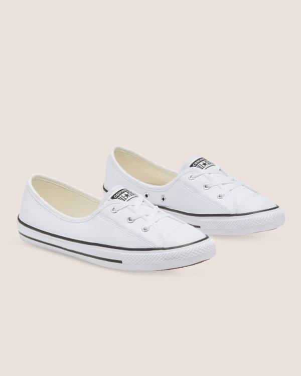 Tenis Bajos Converse Chuck Taylor All Star Ballet Encaje Faux Cuero Slip Blancos | CV-431UNT